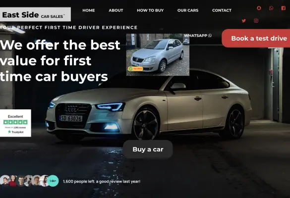Picture of a website for car sales in London, when hover an animation turns the picture blue displaying the text: Car Sales, Marketing Strategy